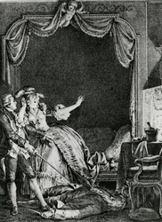 "Virgem Santa!" ela exclamou: "vamos nos tornar um homem morto em casa!", ilustração do capítulo 9 de "Cândido" de François Voltaire (1694-1778) gravada por Philippe Triere (1756-1815), 178